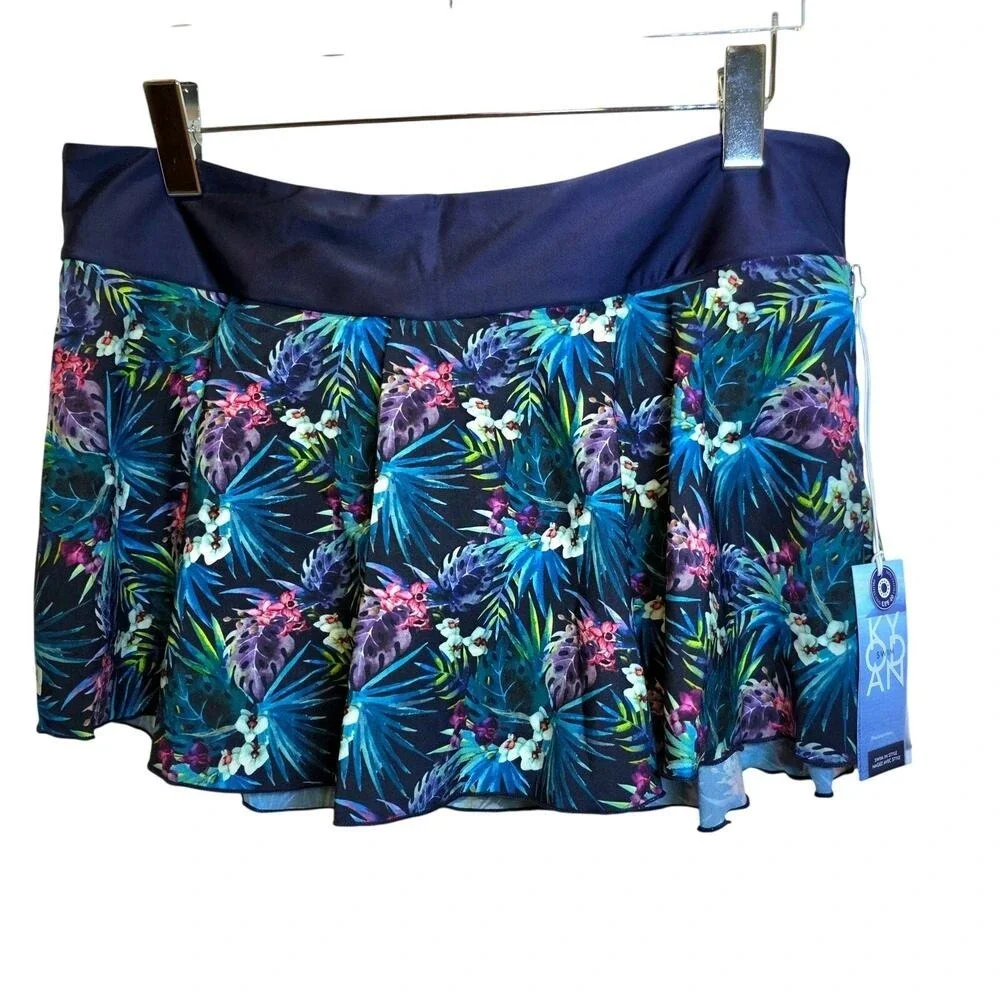 KYODAN SWIM Swim Skort‎ Skirt 4-Way Stretch XL Navy Blue Tropical Floral UPF 40